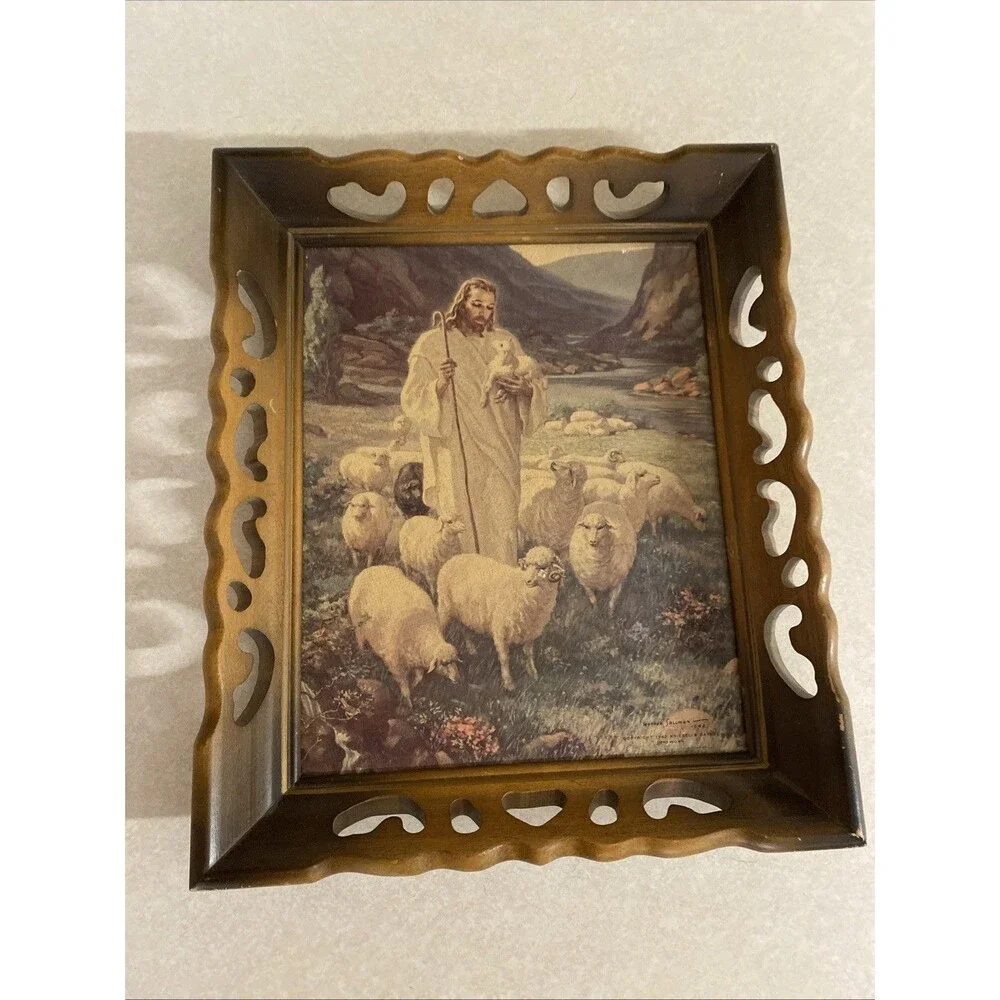 Vintage Jesus Christ The Good Shepard 1942 Warner Sallman framed MCM wall art